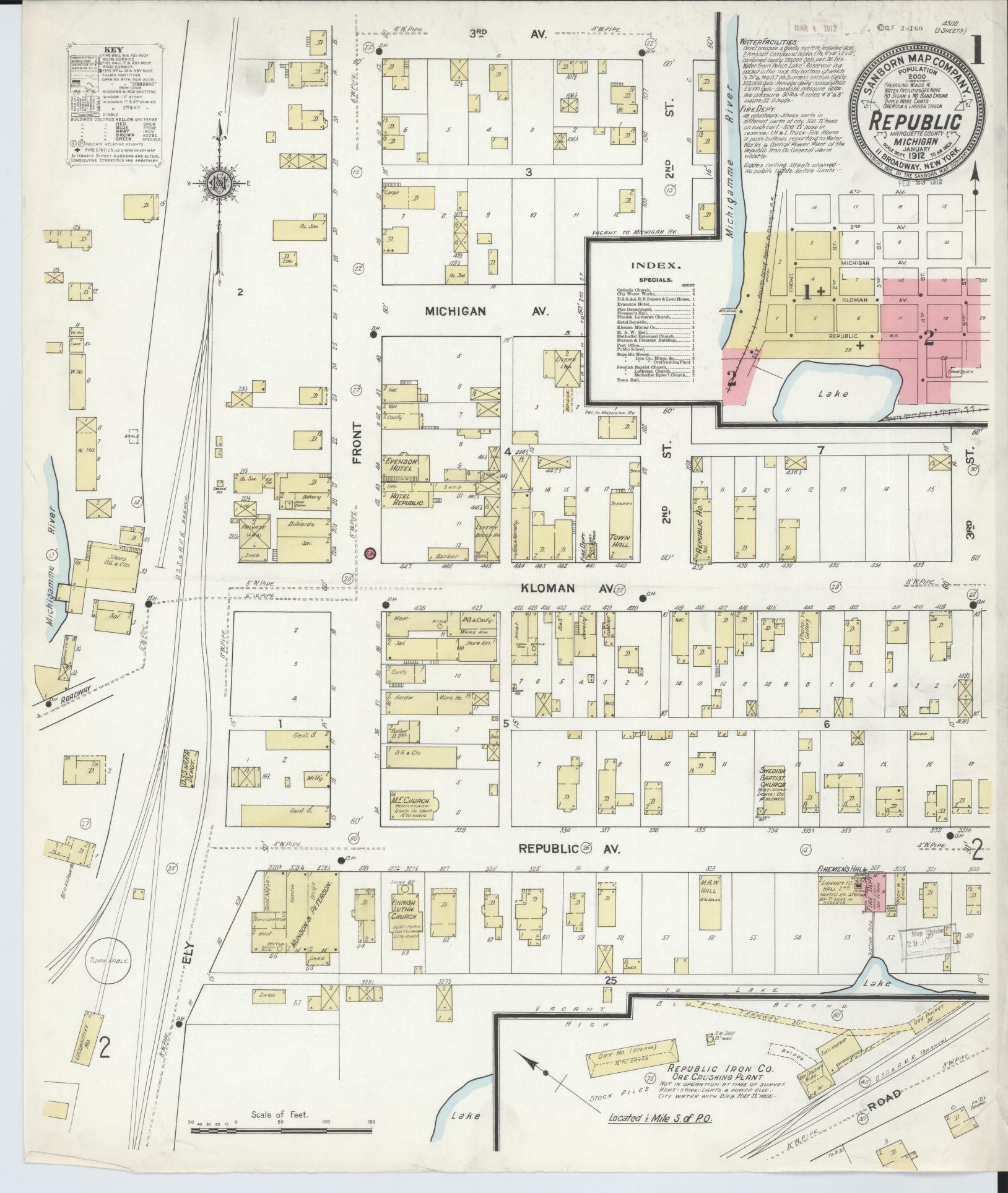 Sanborn Fire Insurance Map from Republic, Marquette County, Michigan (1912), Sheet #0001 - Complete Map Set gallery image, historic Sanborn map, vintage wall art, Michigan Michigan