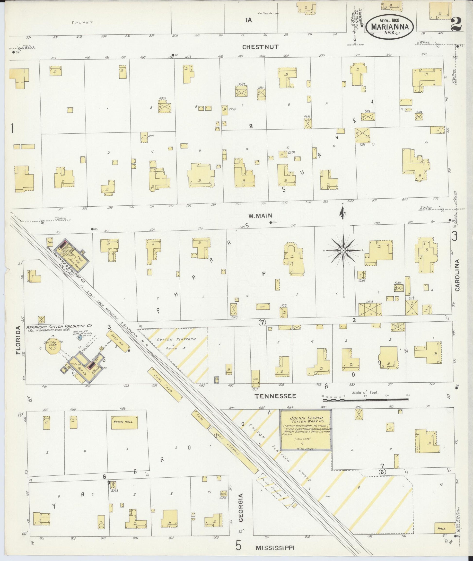 Sanborn Fire Insurance Map from Marianna, Lee County, Arkansas (1908), Sheet #0002 - Complete Map Set gallery image, historic Sanborn map, vintage wall art, Arkansas Arkansas