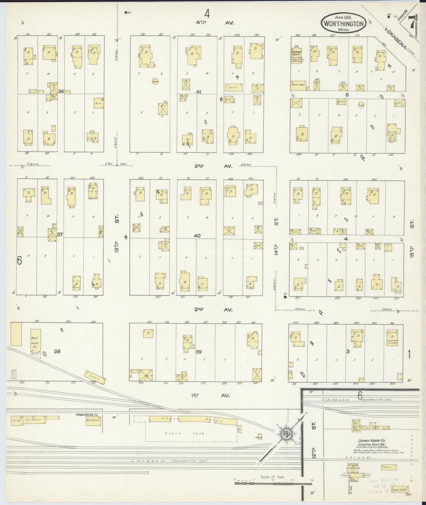 Sanborn Fire Insurance Map from Worthington, Nobles County, Minnesota (1913), Sheet #0007 - Complete Map Set gallery image, historic Sanborn map, vintage wall art, Minnesota Minnesota