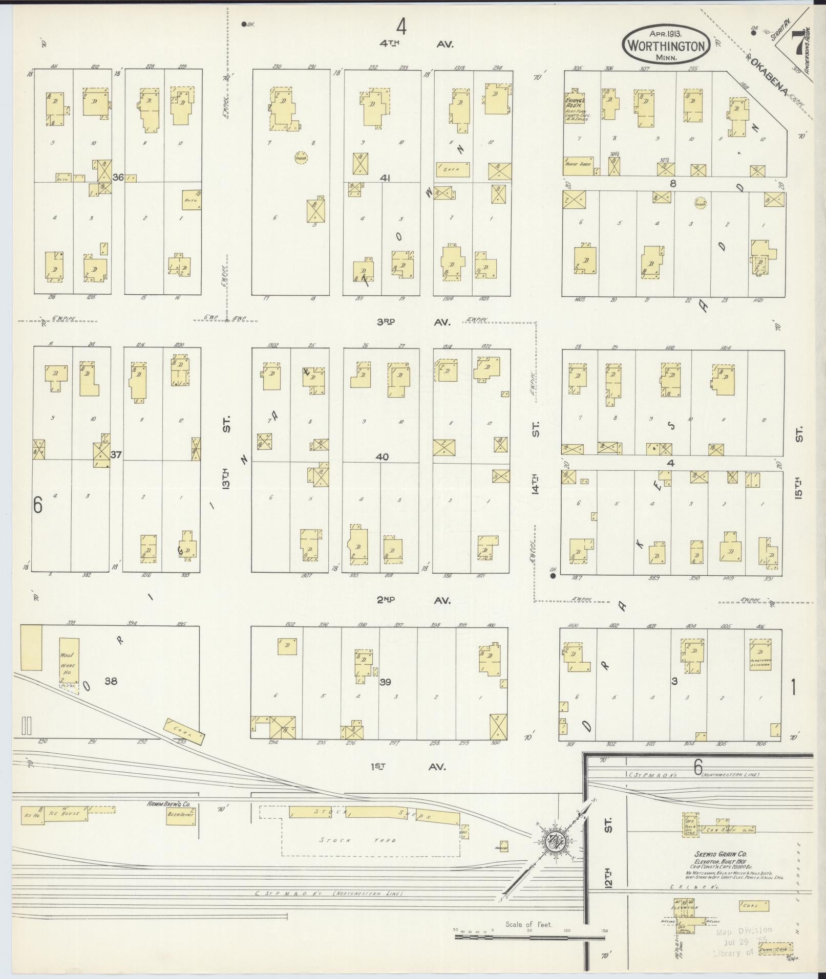 Sanborn Fire Insurance Map from Worthington, Nobles County, Minnesota (1913), Sheet #0007 - Complete Map Set gallery image, historic Sanborn map, vintage wall art, Minnesota Minnesota