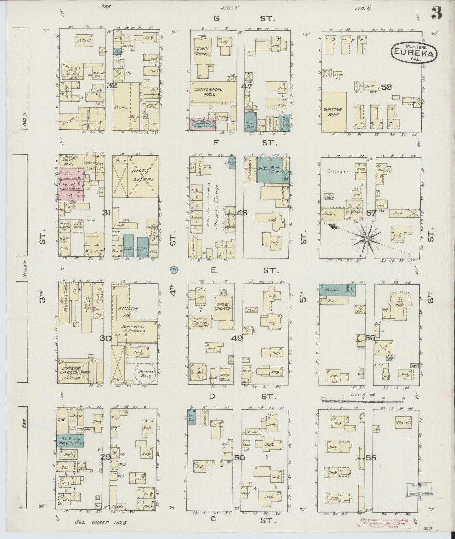 Sanborn Fire Insurance Map from Eureka, Humboldt County, California (1886), Sheet #0003 - Complete Map Set gallery image, historic Sanborn map, vintage wall art, California California