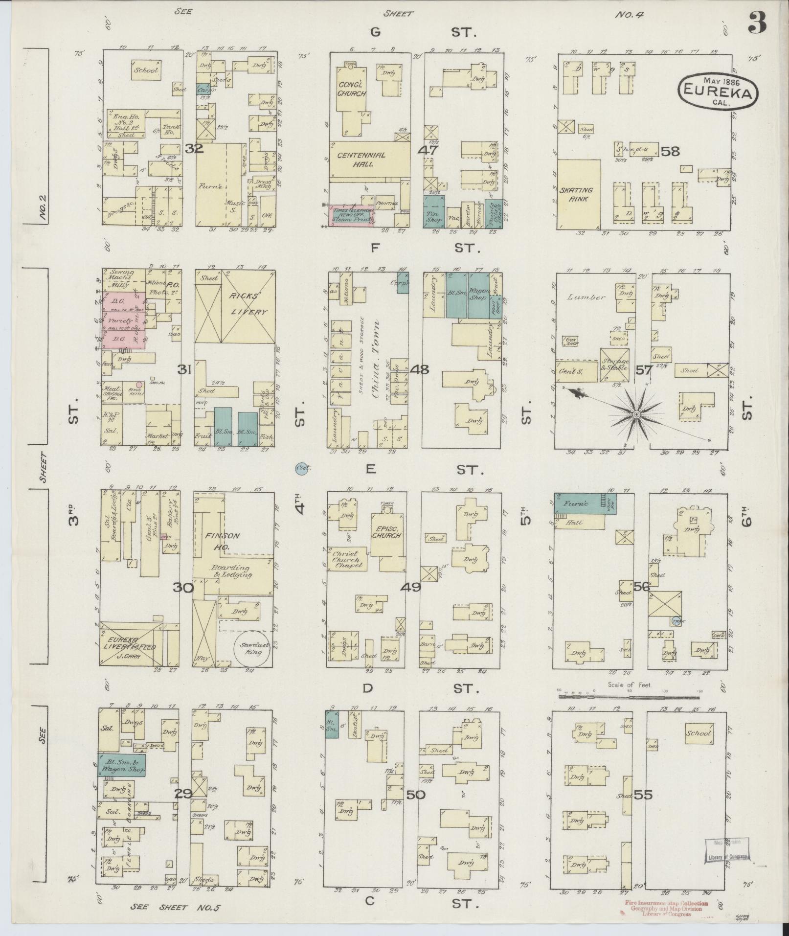 Sanborn Fire Insurance Map from Eureka, Humboldt County, California (1886), Sheet #0003 - Complete Map Set gallery image, historic Sanborn map, vintage wall art, California California