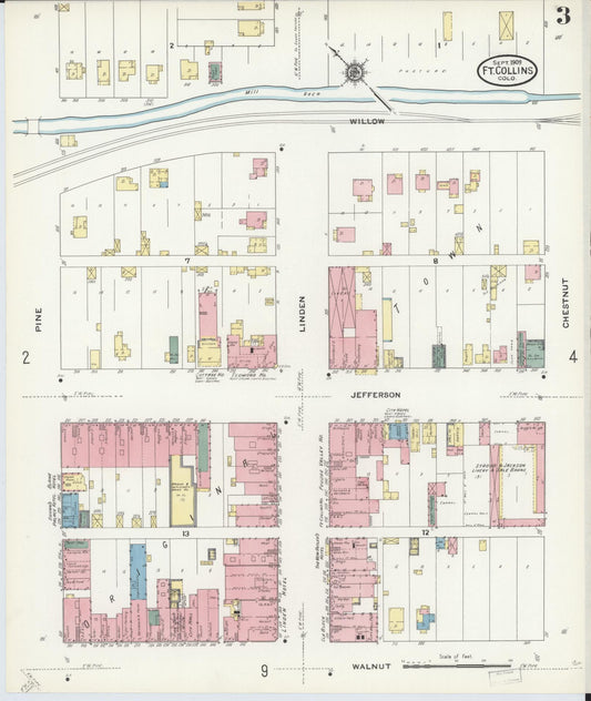 Sanborn Fire Insurance Map from Fort Collins, Larimer County, Colorado (1909), Sheet #0003 - Historic Sanborn Fire Insurance Map Print, vintage old map wall art, antique decor, genealogy gift, Colorado Colorado map