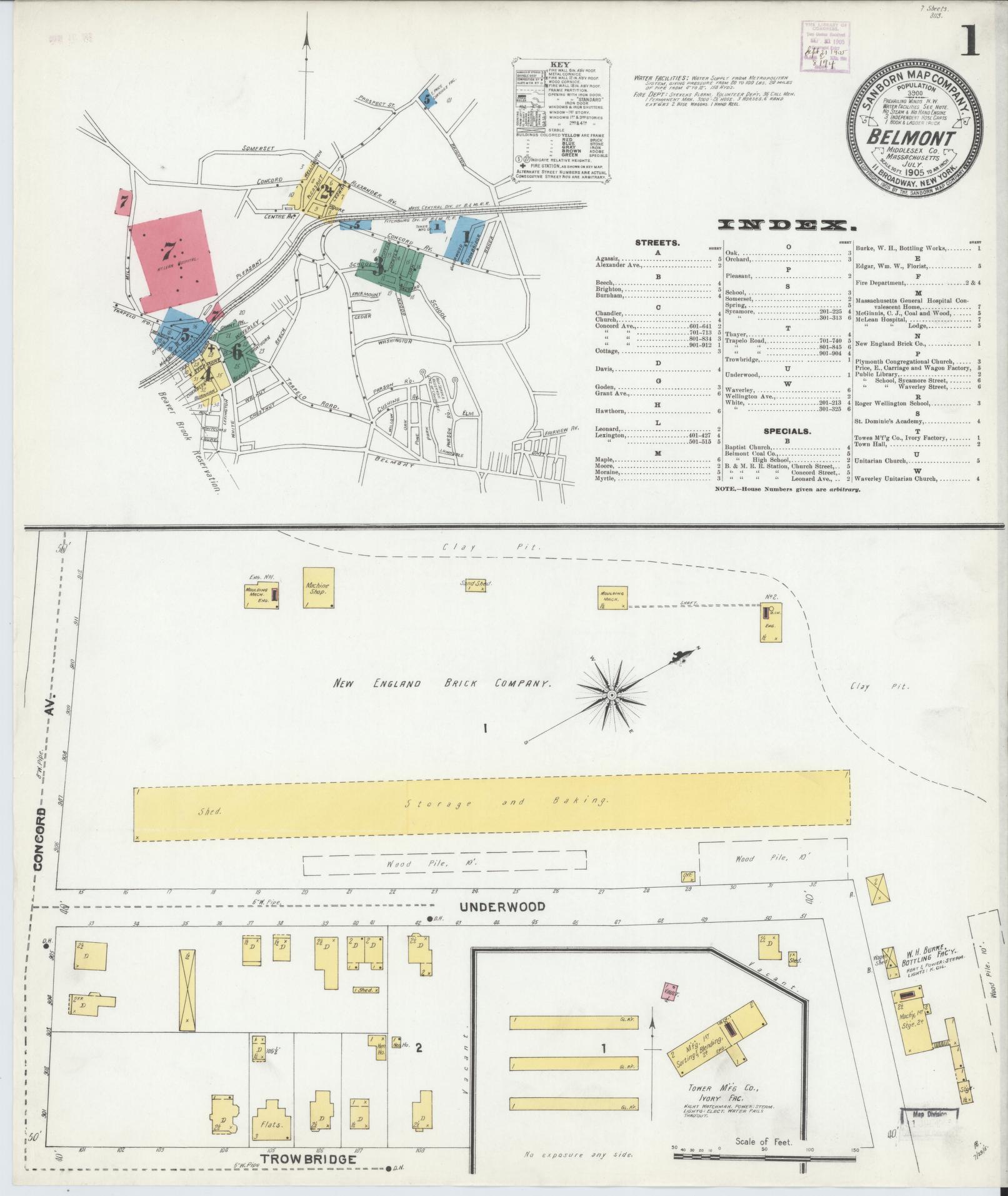 Sanborn Fire Insurance Map from Belmont, Middlesex County, Massachusetts (1905), Sheet #0001 - Complete Map Set gallery image, historic Sanborn map, vintage wall art, Massachusetts Massachusetts