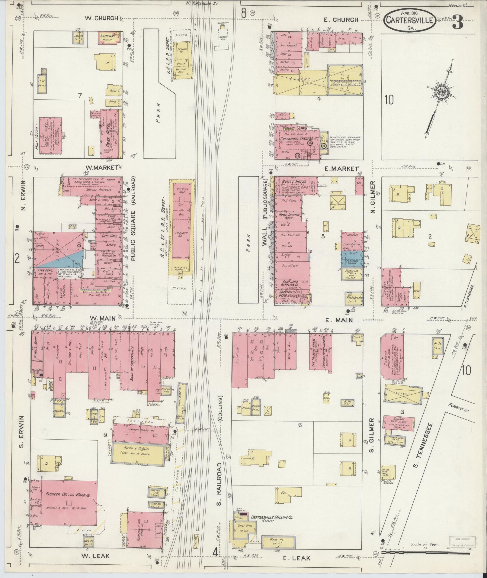 Sanborn Fire Insurance Map from Cartersville, Bartow County, Georgia (1916), Sheet #0003 - Historic Sanborn Fire Insurance Map Print, vintage old map wall art, antique decor, genealogy gift, Georgia Georgia map