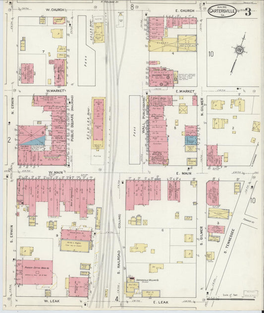Sanborn Fire Insurance Map from Cartersville, Bartow County, Georgia (1916), Sheet #0003 - Historic Sanborn Fire Insurance Map Print, vintage old map wall art, antique decor, genealogy gift, Georgia Georgia map