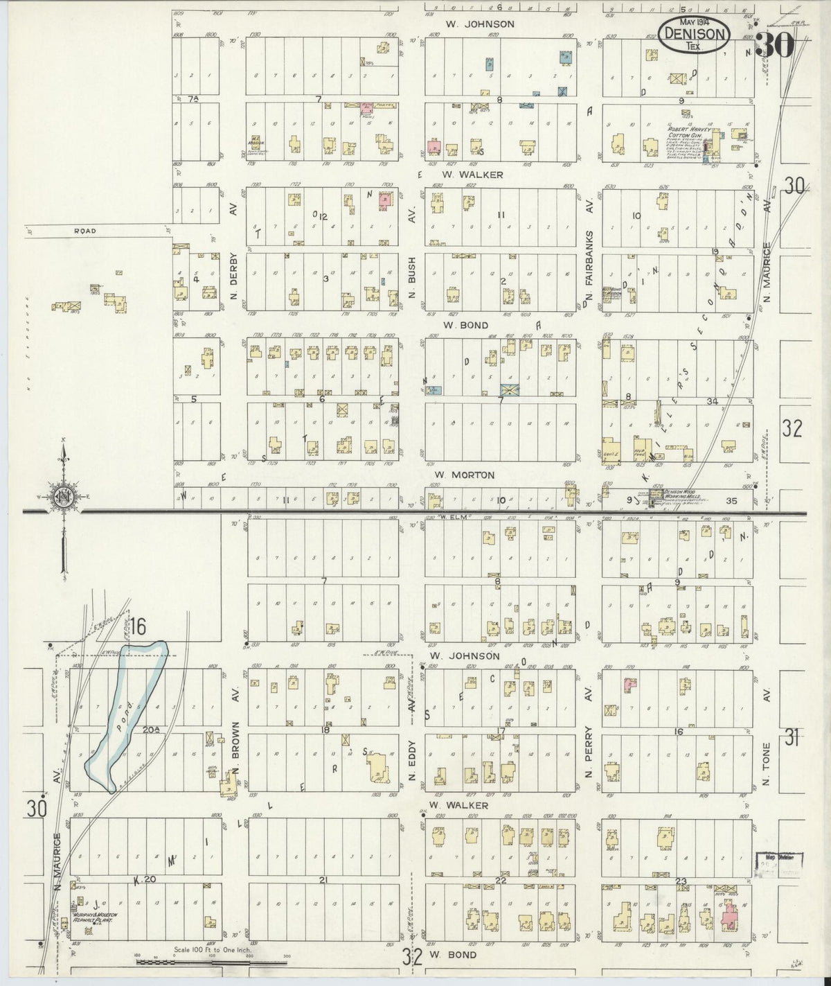 Sanborn Fire Insurance Map from Denison, Grayson County, Texas (1914), Sheet #0030 - Historic Sanborn Fire Insurance Map Print, vintage old map wall art, antique decor, genealogy gift, Texas Texas map