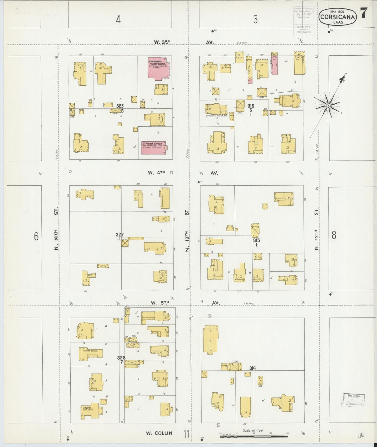 Sanborn Fire Insurance Map from Corsicana, Navarro County, Texas (1900), Sheet #0007 - Complete Map Set gallery image, historic Sanborn map, vintage wall art, Texas Texas