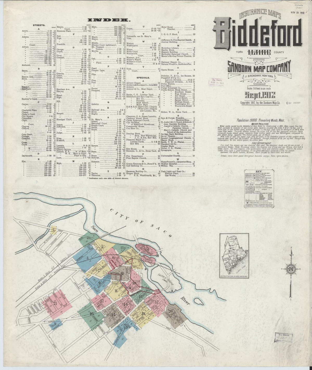 Sanborn Fire Insurance Map from Biddeford, York County, Maine (1912), Sheet #0001 - Complete Map Set gallery image, historic Sanborn map, vintage wall art, Maine Maine
