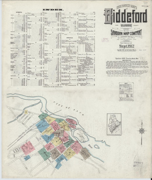 Sanborn Fire Insurance Map from Biddeford, York County, Maine (1912), Sheet #0001 - Complete Map Set gallery image, historic Sanborn map, vintage wall art, Maine Maine