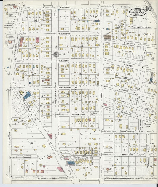 Sanborn Fire Insurance Map from Royal Oak, Oakland County, Michigan (1921), Sheet #0010 - Historic Sanborn Fire Insurance Map Print, vintage old map wall art, antique decor, genealogy gift, Michigan Michigan map