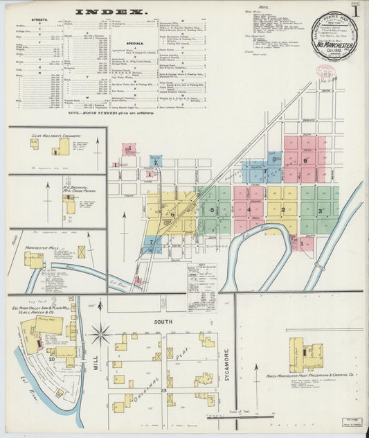 Sanborn Fire Insurance Map from North Manchester, Wabash County, Indiana (1895), Sheet #0001 - Historic Sanborn Fire Insurance Map Print, vintage old map wall art, antique decor, genealogy gift, Indiana Indiana map