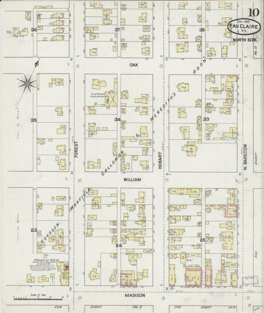 Sanborn Fire Insurance Map from Eau Claire, Eau Claire County, Wisconsin (1889), Sheet #0010 - Historic Sanborn Fire Insurance Map Print, vintage old map wall art, antique decor, genealogy gift, Wisconsin Wisconsin map
