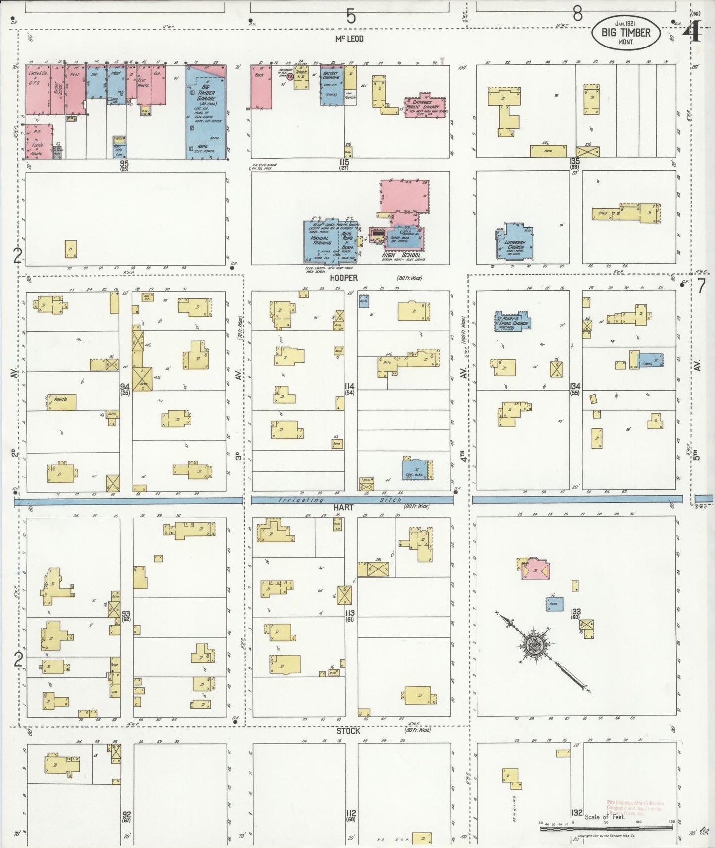 Sanborn Fire Insurance Map from Big Timber, Sweet Grass County, Montana (1921), Sheet #0004 - Complete Map Set gallery image, historic Sanborn map, vintage wall art, Montana Montana
