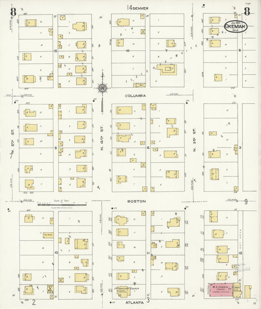 Sanborn Fire Insurance Map from Okemah, Okfuskee County, Oklahoma (1923), Sheet #0008 - Historic Sanborn Fire Insurance Map Print, vintage old map wall art, antique decor, genealogy gift, Oklahoma Oklahoma map