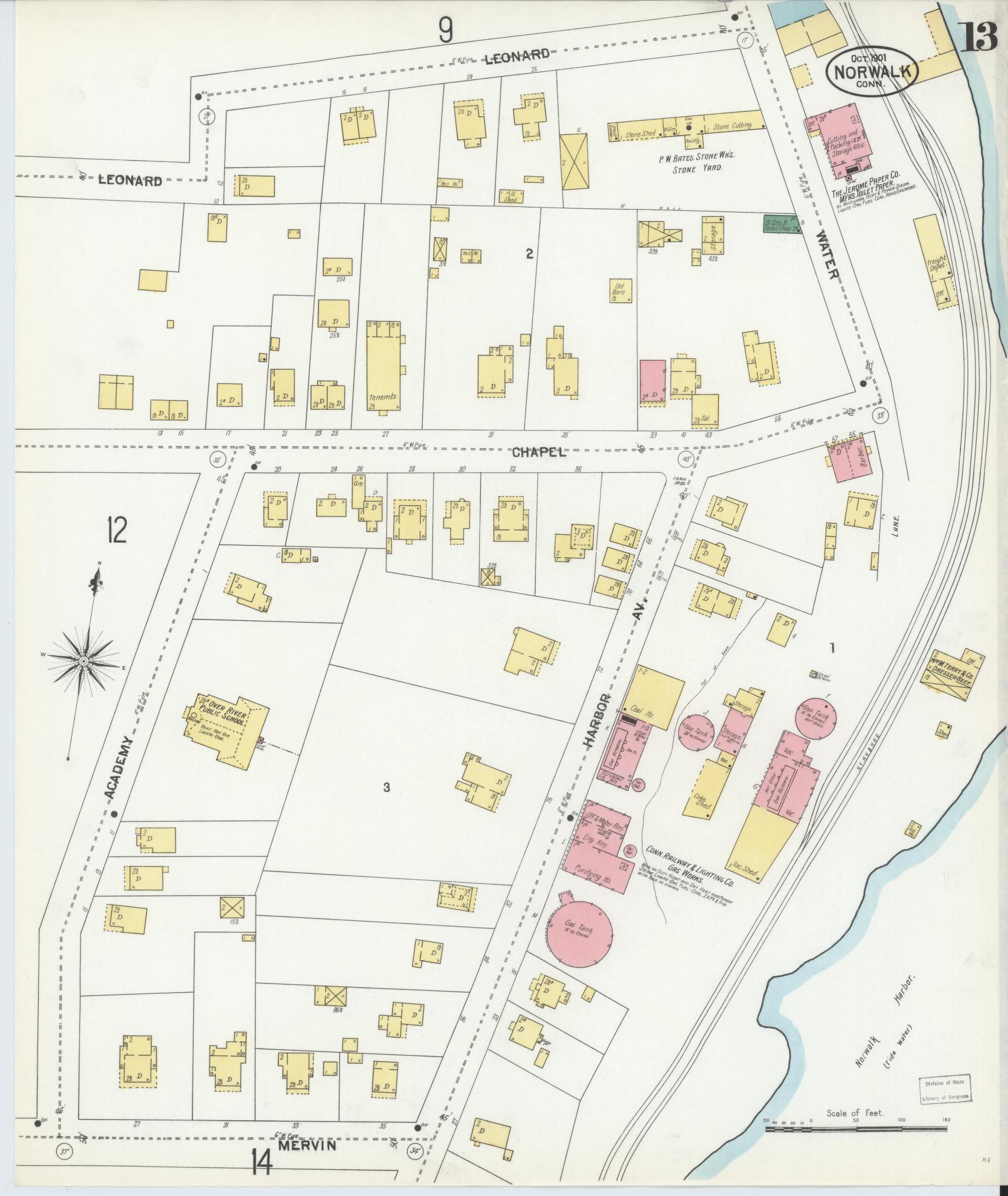 Sanborn Fire Insurance Map from Norwalk, Fairfield County, Connecticut (1901), Sheet #0013 - Complete Map Set gallery image, historic Sanborn map, vintage wall art, Connecticut Connecticut