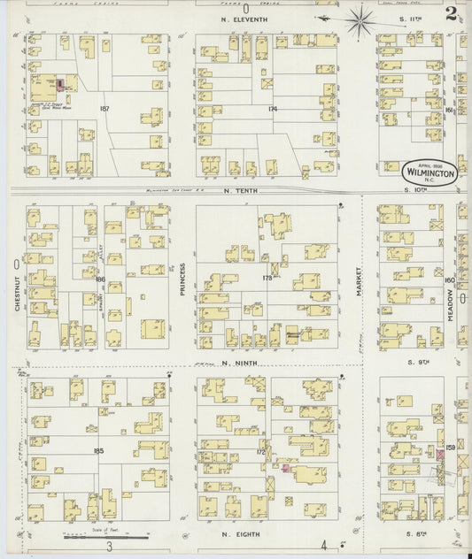 Sanborn Fire Insurance Map from Wilmington, New Hanover County, North Carolina (1898), Sheet #0002 - Historic Sanborn Fire Insurance Map Print, vintage old map wall art, antique decor, genealogy gift, North Carolina North Carolina map