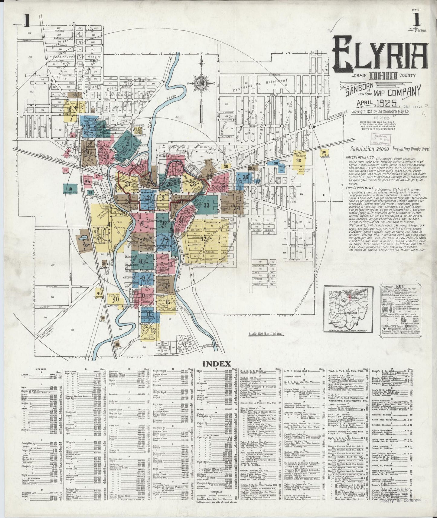 Sanborn Fire Insurance Map from Elyria, Lorain County, Ohio (1925), Sheet #0001 - Historic Sanborn Fire Insurance Map Print, vintage old map wall art, antique decor, genealogy gift, Ohio Ohio map