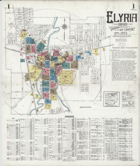 Sanborn Fire Insurance Map from Elyria, Lorain County, Ohio (1925), Sheet #0001 - Historic Sanborn Fire Insurance Map Print, vintage old map wall art, antique decor, genealogy gift, Ohio Ohio map