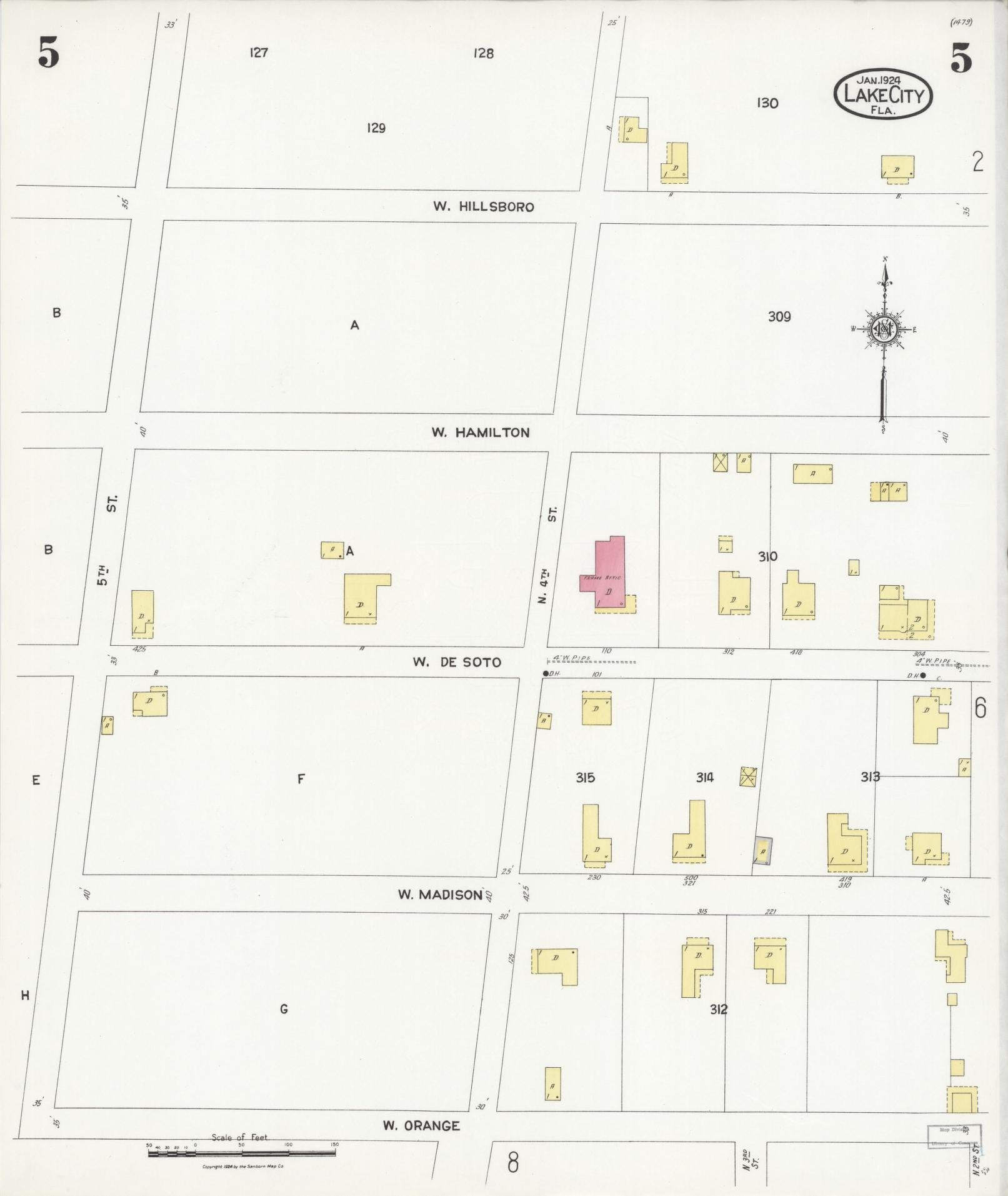 Sanborn Fire Insurance Map from Lake City, Columbia County, Florida (1924), Sheet #0005 - Historic Sanborn Fire Insurance Map Print, vintage old map wall art, antique decor, genealogy gift, Florida Florida map