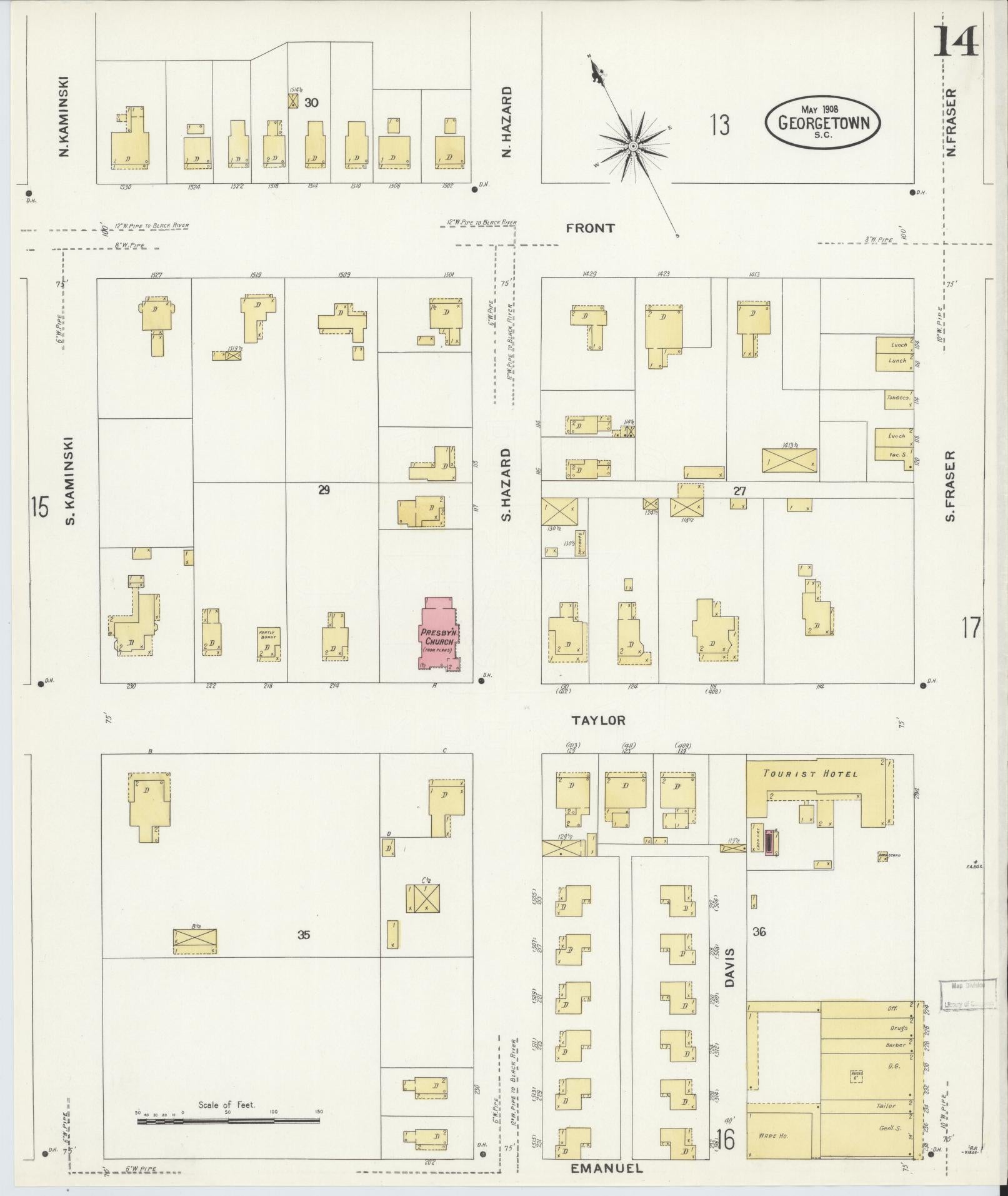 Sanborn Fire Insurance Map from Georgetown, Georgetown County, South Carolina (1908), Sheet #0014 - Historic Sanborn Fire Insurance Map Print, vintage old map wall art, antique decor, genealogy gift, South Carolina South Carolina map