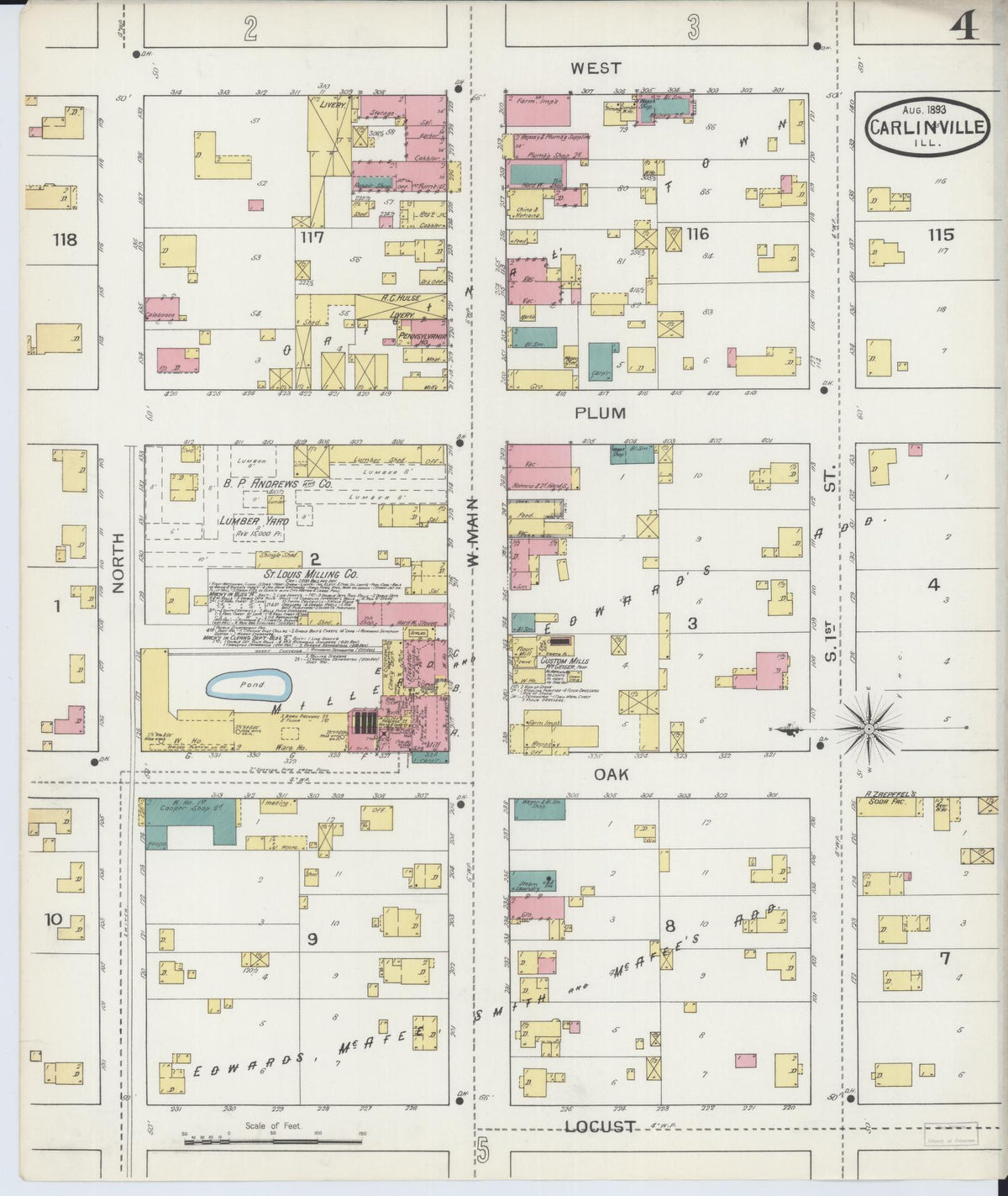 Sanborn Fire Insurance Map from Carlinville, Macoupin County, Illinois (1893), Sheet #0004 - Historic Sanborn Fire Insurance Map Print, vintage old map wall art, antique decor, genealogy gift, Illinois Illinois map