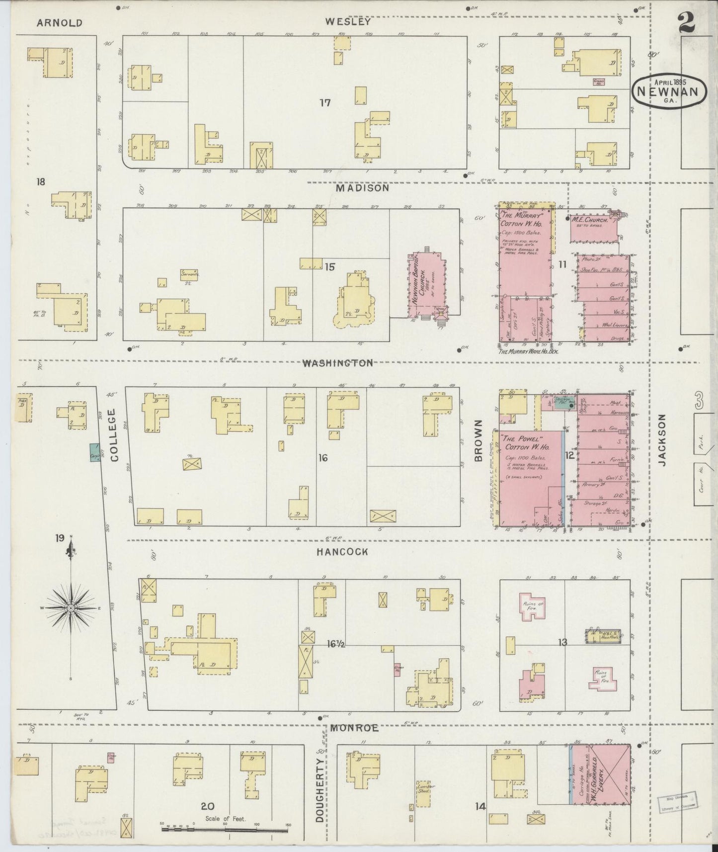 Sanborn Fire Insurance Map from Newnan, Coweta County, Georgia (1895), Sheet #0002 - Historic Sanborn Fire Insurance Map Print, vintage old map wall art, antique decor, genealogy gift, Georgia Georgia map