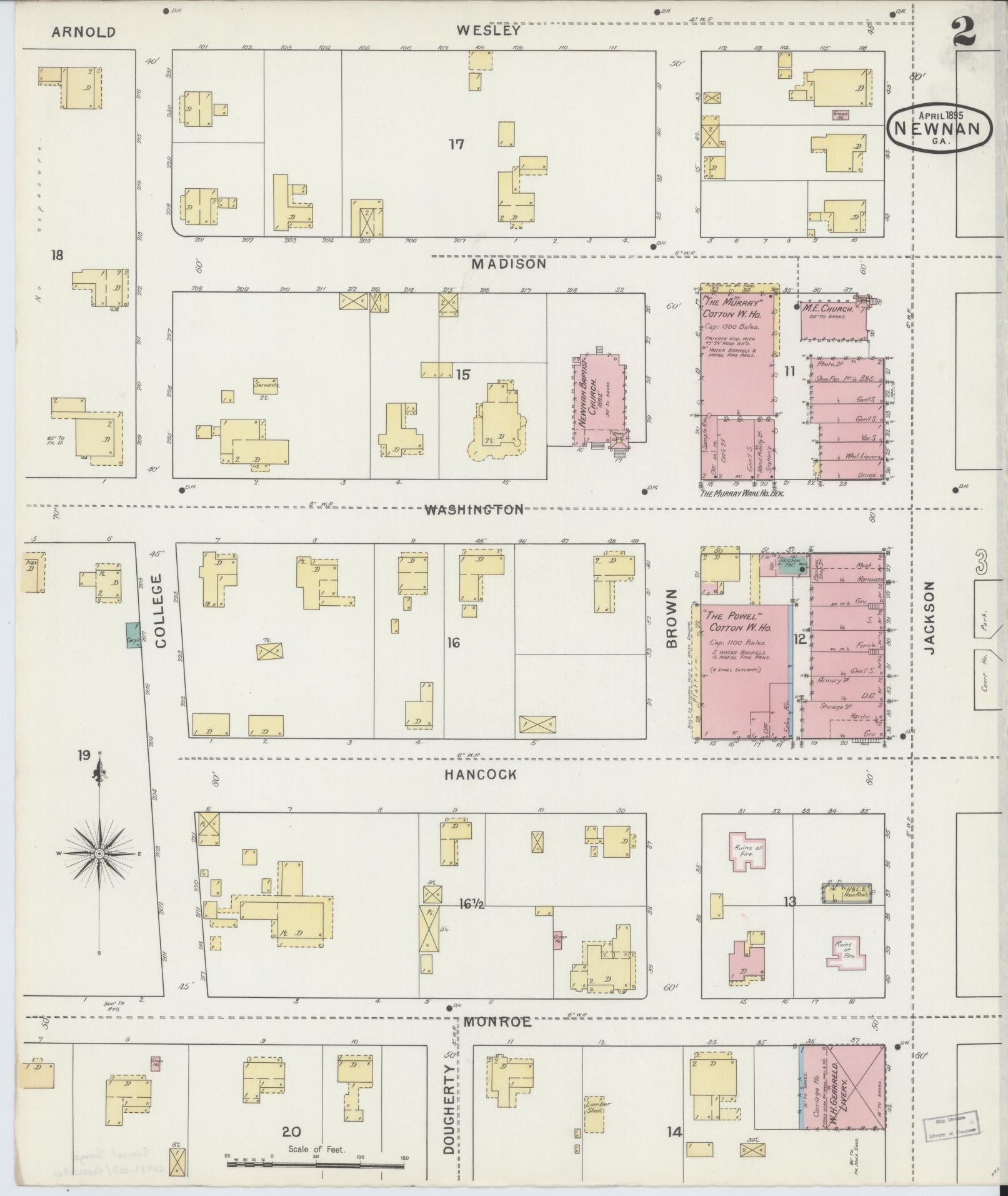 Sanborn Fire Insurance Map from Newnan, Coweta County, Georgia (1895), Sheet #0002 - Historic Sanborn Fire Insurance Map Print, vintage old map wall art, antique decor, genealogy gift, Georgia Georgia map