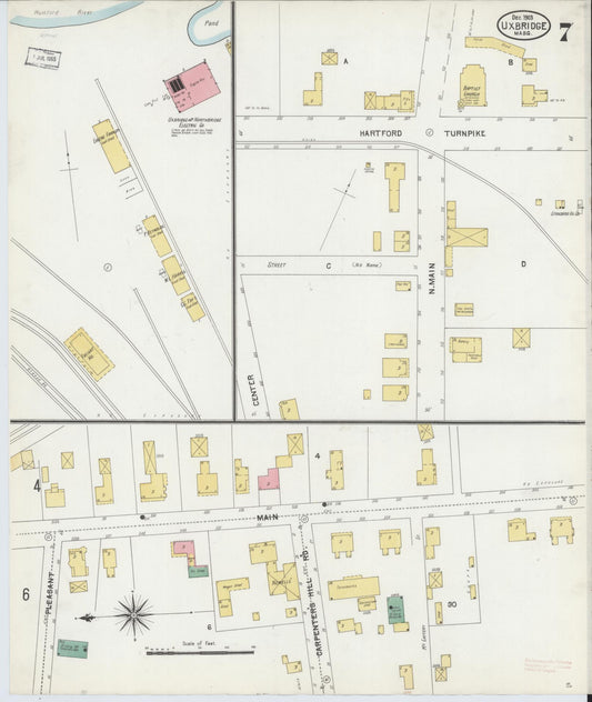 Sanborn Fire Insurance Map from Uxbridge, Worcester County, Massachusetts (1903), Sheet #0007 - Historic Sanborn Fire Insurance Map Print, vintage old map wall art, antique decor, genealogy gift, Massachusetts Massachusetts map