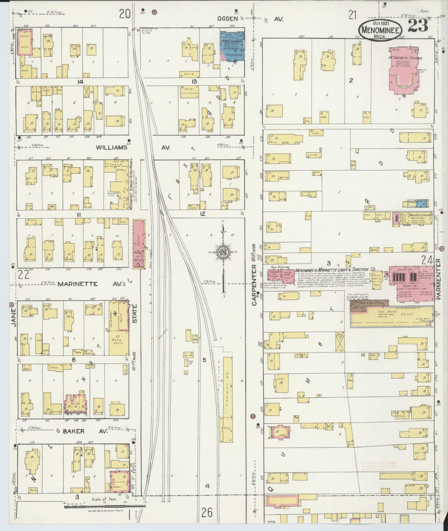 Sanborn Fire Insurance Map from Menominee, Menominee County, Michigan (1921), Sheet #0023 - Complete Map Set gallery image, historic Sanborn map, vintage wall art, Michigan Michigan