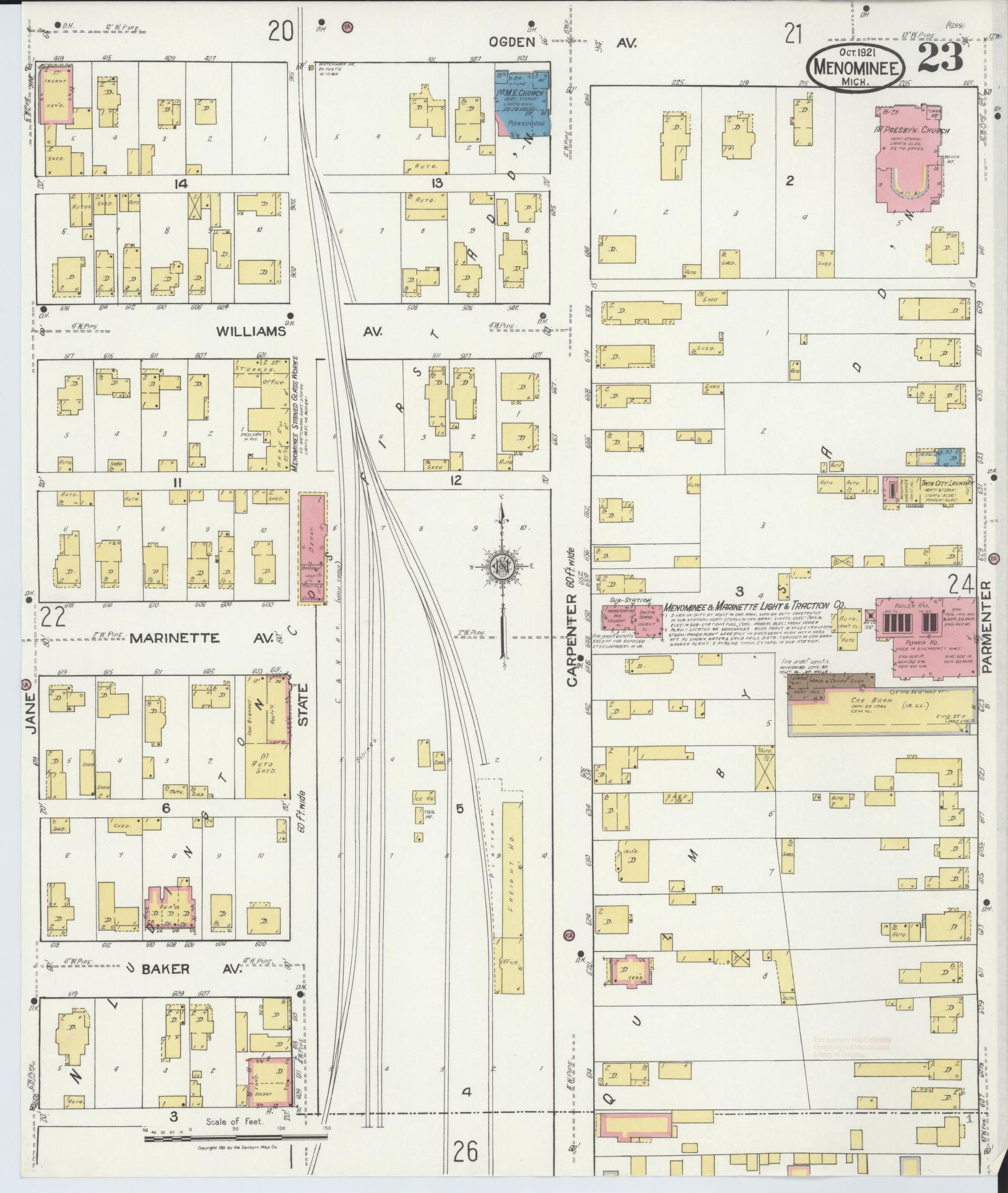 Sanborn Fire Insurance Map from Menominee, Menominee County, Michigan (1921), Sheet #0023 - Complete Map Set gallery image, historic Sanborn map, vintage wall art, Michigan Michigan