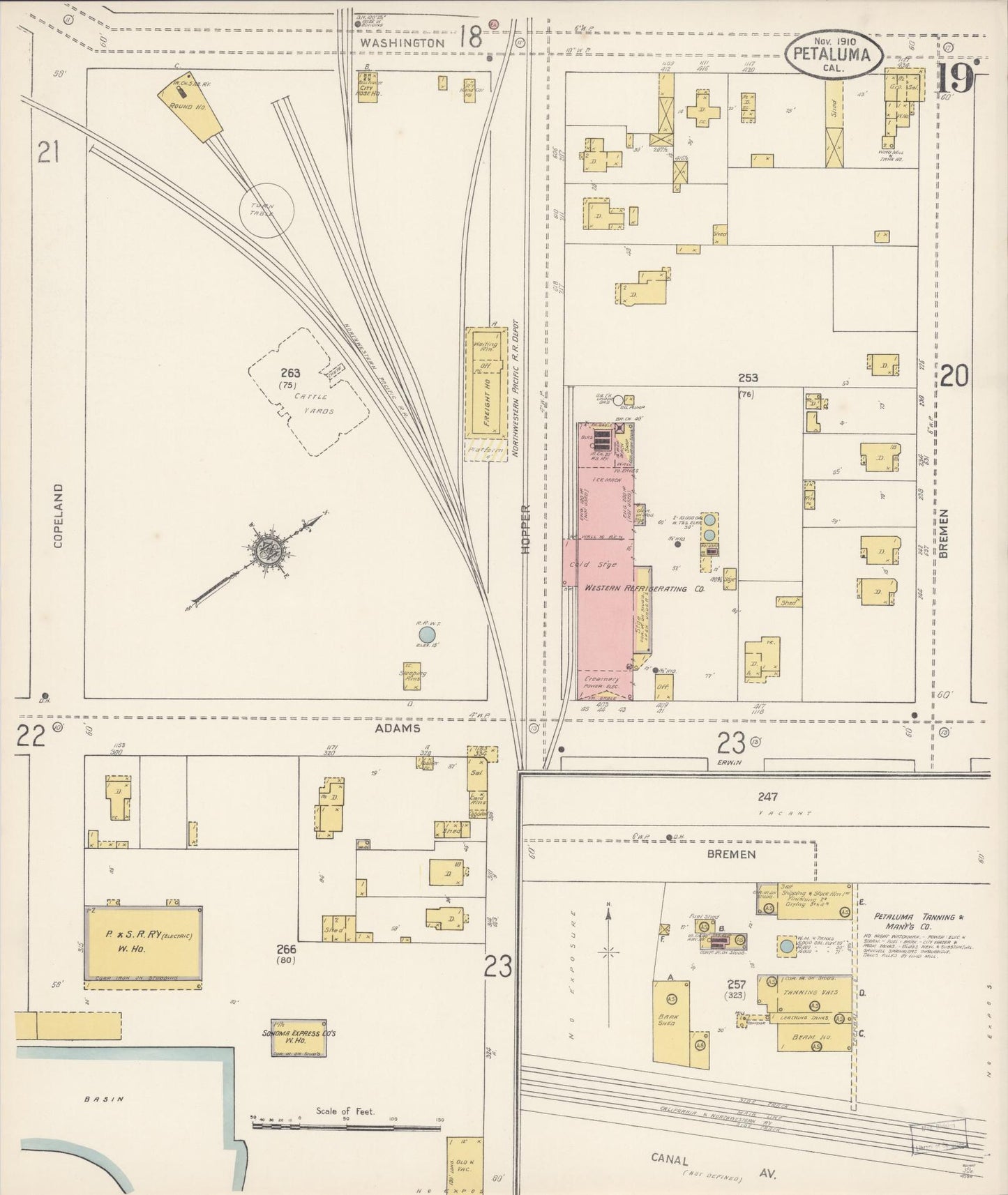 Sanborn Fire Insurance Map from Petaluma, Sonoma County, California (1910), Sheet #0019 - Complete Map Set gallery image, historic Sanborn map, vintage wall art, California California