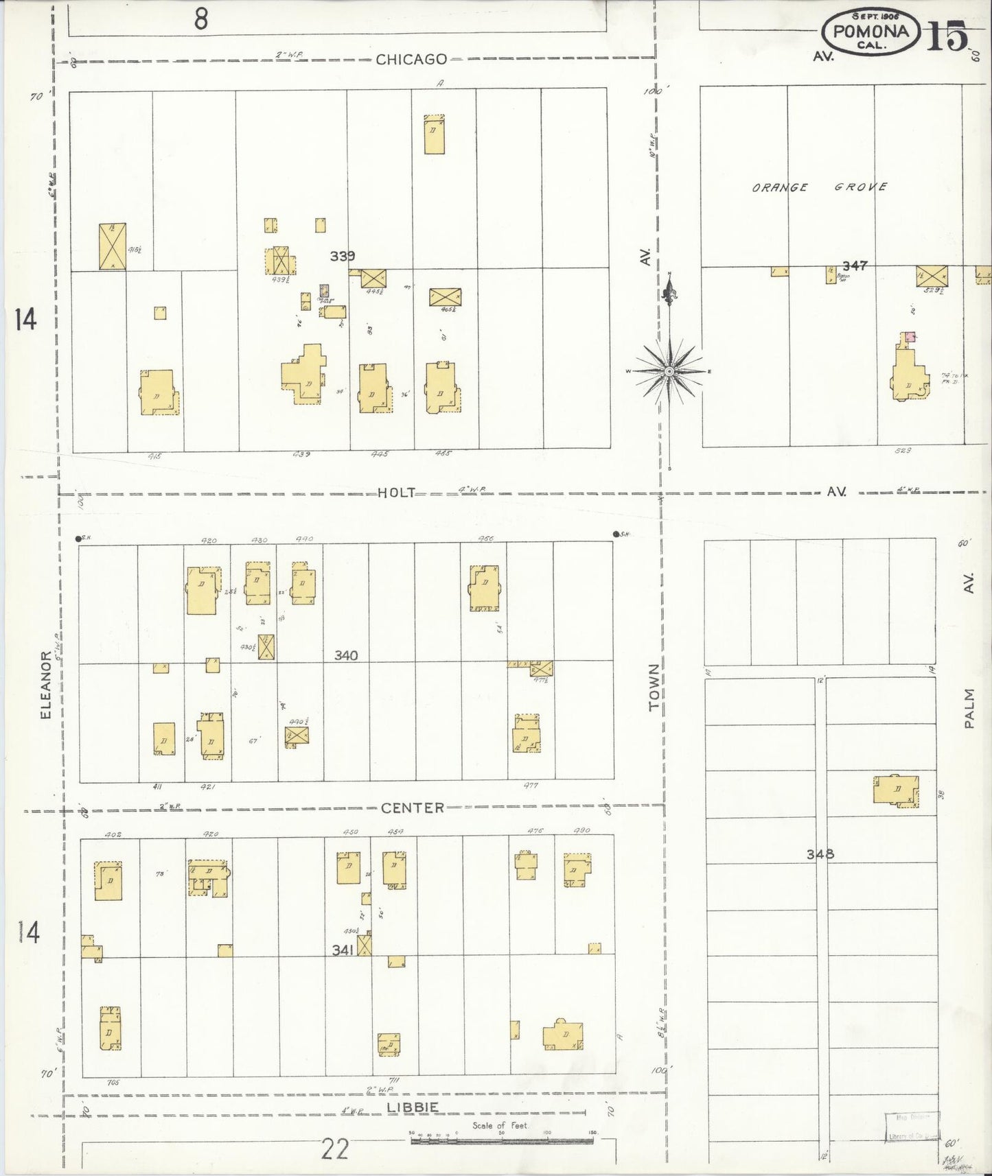 Sanborn Fire Insurance Map from Pomona, Los Angeles County, California (1906), Sheet #0015 - Complete Map Set gallery image, historic Sanborn map, vintage wall art, California California