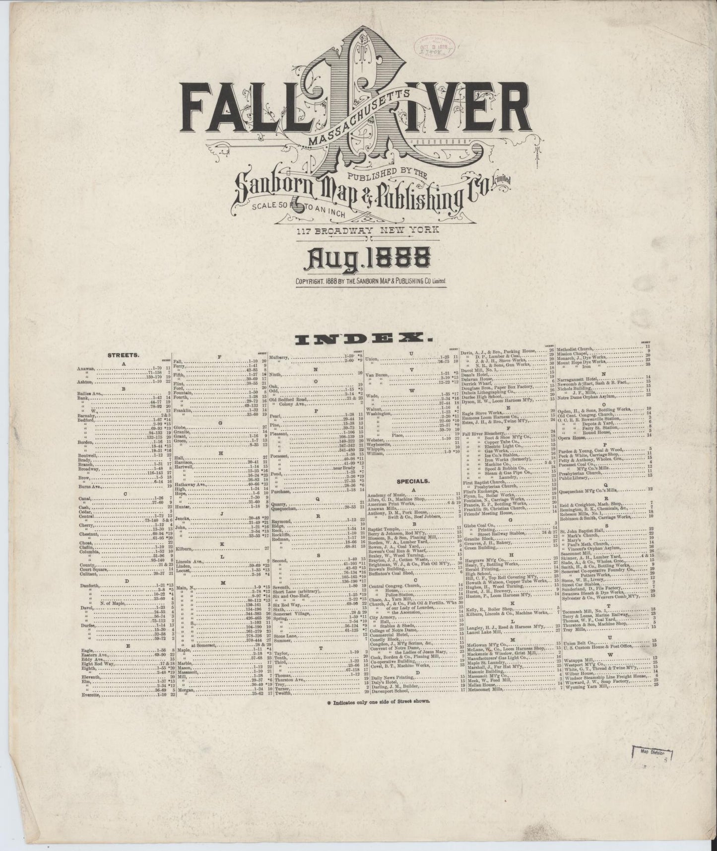 Sanborn Fire Insurance Map from Fall River, Bristol County, Massachusetts (1888), Sheet #0001 - Historic Sanborn Fire Insurance Map Print, vintage old map wall art, antique decor, genealogy gift, Massachusetts Massachusetts map
