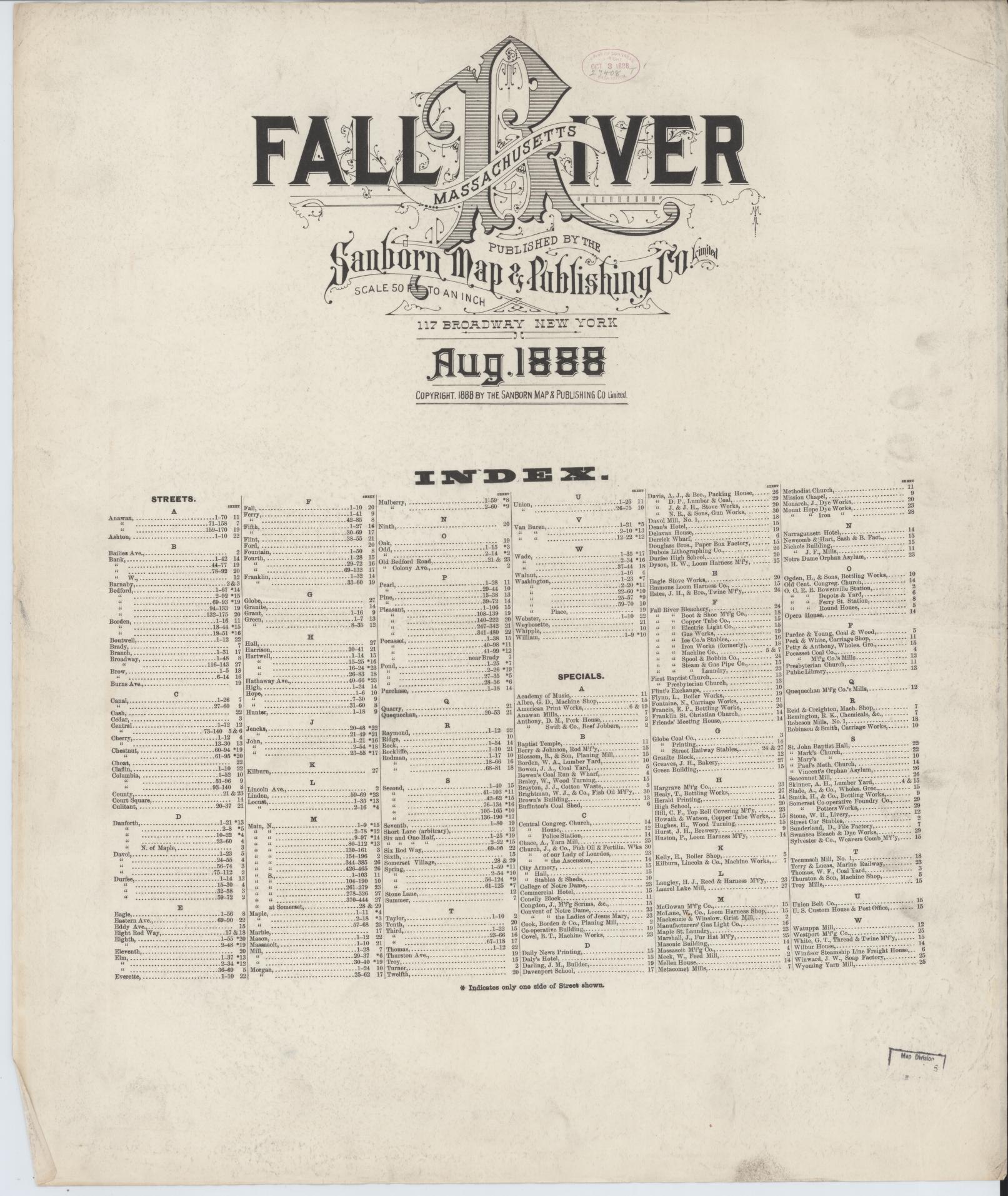 Sanborn Fire Insurance Map from Fall River, Bristol County, Massachusetts (1888), Sheet #0001 - Historic Sanborn Fire Insurance Map Print, vintage old map wall art, antique decor, genealogy gift, Massachusetts Massachusetts map
