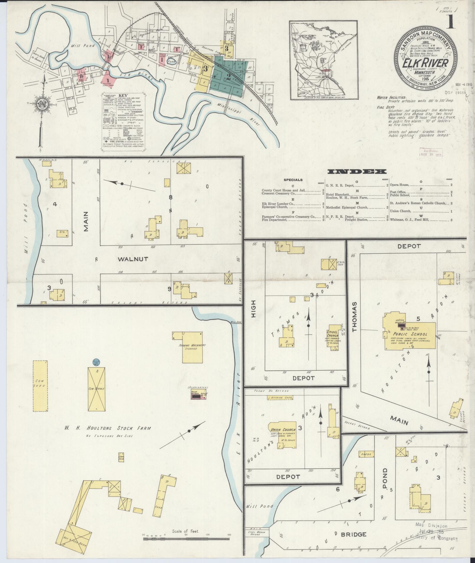 Sanborn Fire Insurance Map from Elk River, Sherburne County, Minnesota (1915), Sheet #0001 - Historic Sanborn Fire Insurance Map Print, vintage old map wall art, antique decor, genealogy gift, Minnesota Minnesota map