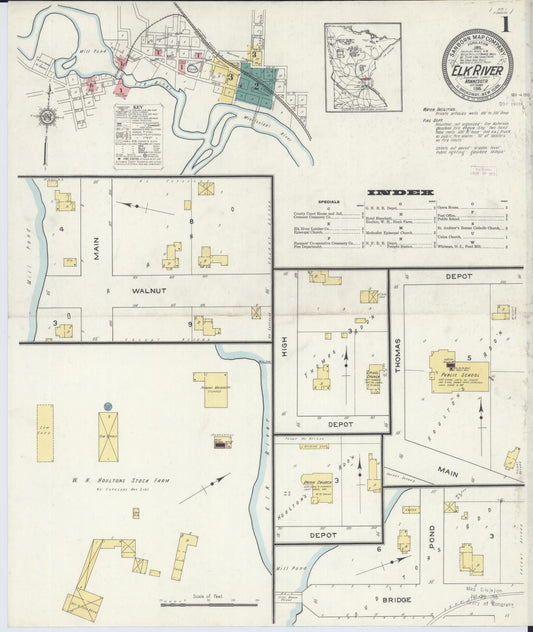 Sanborn Fire Insurance Map from Elk River, Sherburne County, Minnesota (1915), Sheet #0001 - Historic Sanborn Fire Insurance Map Print, vintage old map wall art, antique decor, genealogy gift, Minnesota Minnesota map