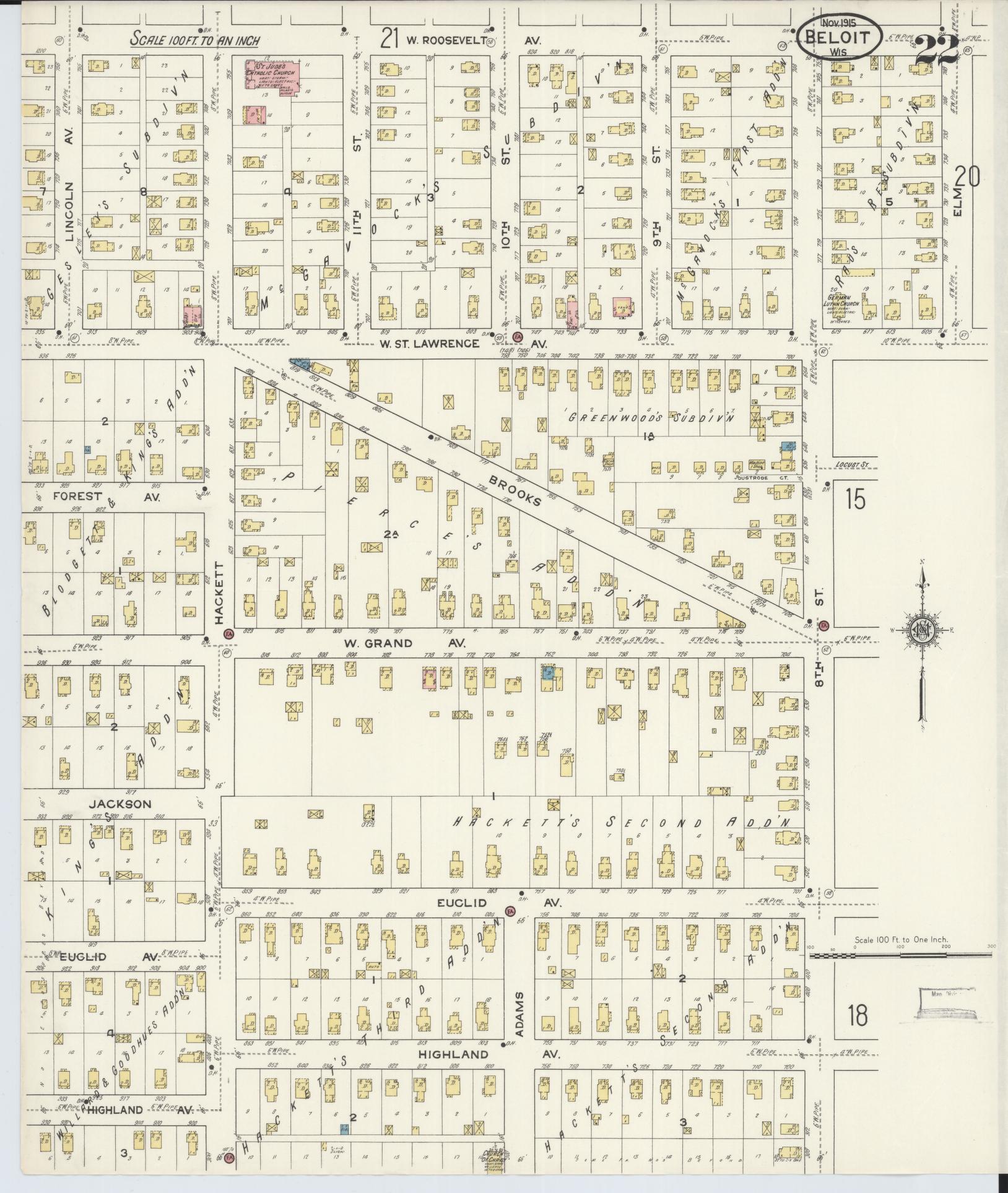 Sanborn Fire Insurance Map from Beloit, Rock County, Wisconsin (1915), Sheet #0022 - Historic Sanborn Fire Insurance Map Print, vintage old map wall art, antique decor, genealogy gift, Wisconsin Wisconsin map
