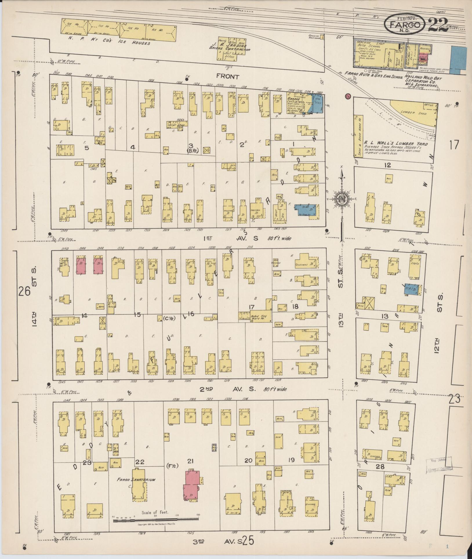 Sanborn Fire Insurance Map from Fargo, Cass County, North Dakota (1922), Sheet #0022 - Historic Sanborn Fire Insurance Map Print, vintage old map wall art, antique decor, genealogy gift, North Dakota North Dakota map