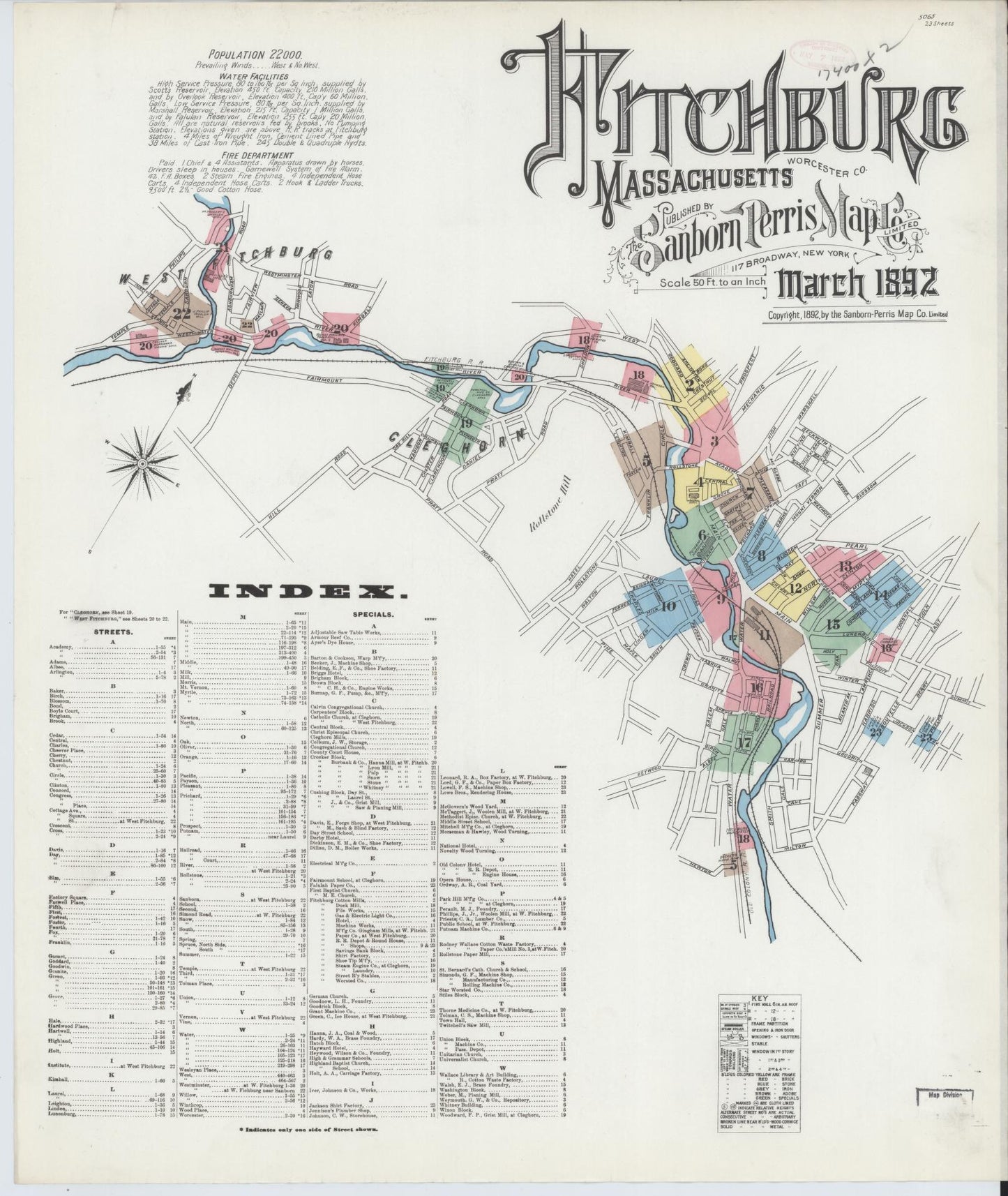 Sanborn Fire Insurance Map from Fitchburg, Worcester County, Massachusetts (1892), Sheet #0001 - Historic Sanborn Fire Insurance Map Print, vintage old map wall art, antique decor, genealogy gift, Massachusetts Massachusetts map