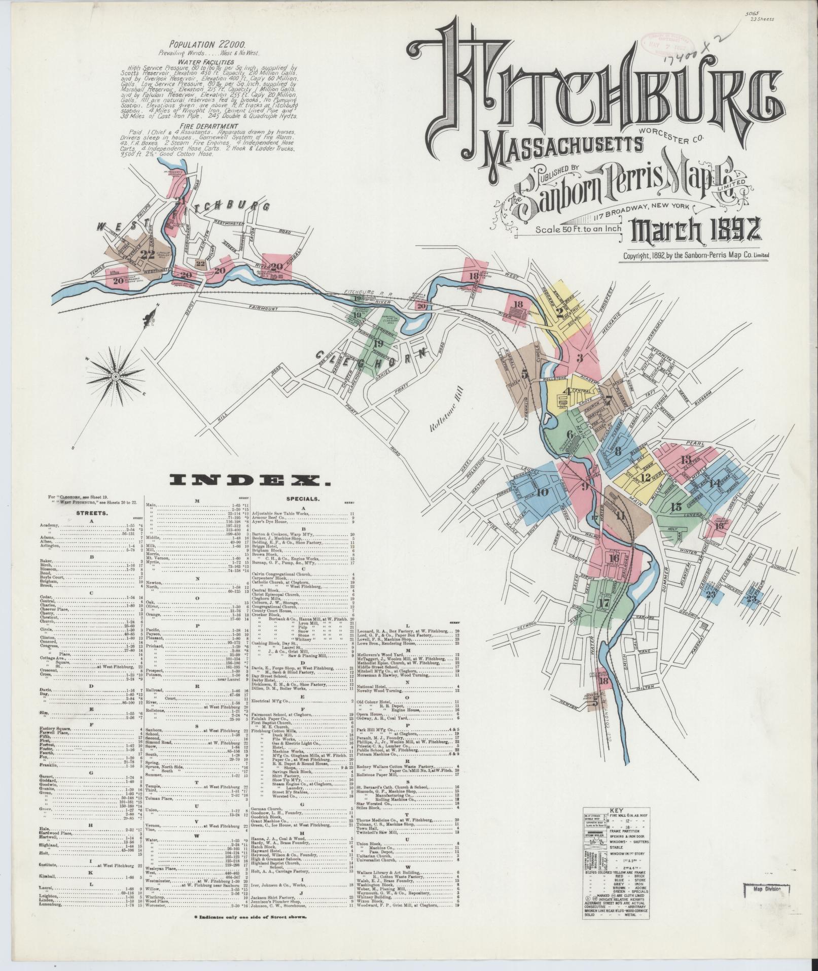 Sanborn Fire Insurance Map from Fitchburg, Worcester County, Massachusetts (1892), Sheet #0001 - Historic Sanborn Fire Insurance Map Print, vintage old map wall art, antique decor, genealogy gift, Massachusetts Massachusetts map