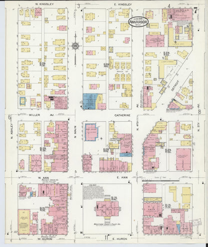 Sanborn Fire Insurance Map from Ann Arbor, Washtenaw County, Michigan (1916), Sheet #0007 - Historic Sanborn Fire Insurance Map Print, vintage old map wall art, antique decor, genealogy gift, Michigan Michigan map