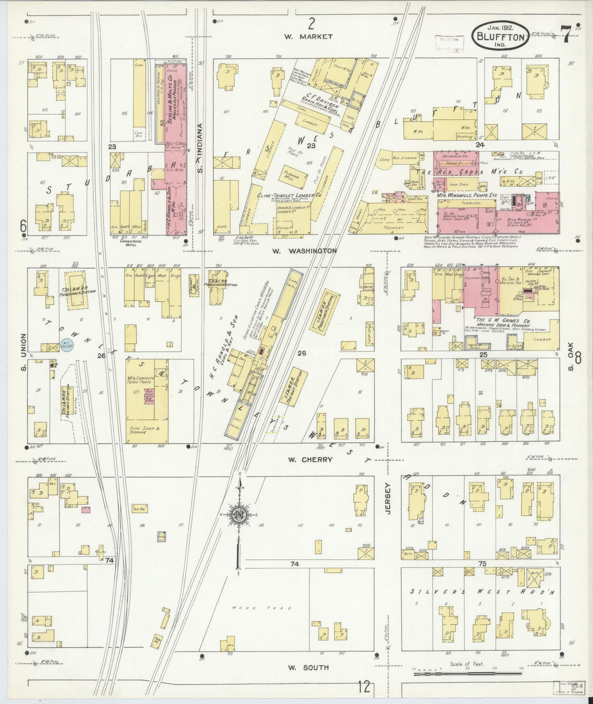 Sanborn Fire Insurance Map from Bluffton, Wells County, Indiana (1912), Sheet #0007 - Historic Sanborn Fire Insurance Map Print, vintage old map wall art, antique decor, genealogy gift, Indiana Indiana map