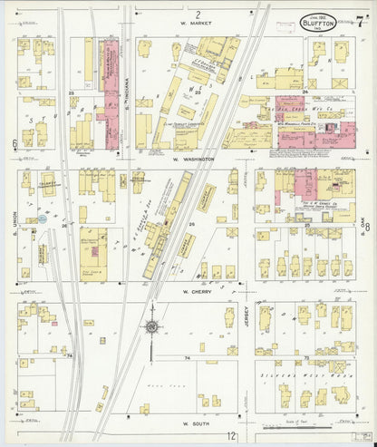 Sanborn Fire Insurance Map from Bluffton, Wells County, Indiana (1912), Sheet #0007 - Historic Sanborn Fire Insurance Map Print, vintage old map wall art, antique decor, genealogy gift, Indiana Indiana map