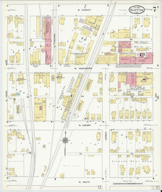 Sanborn Fire Insurance Map from Bluffton, Wells County, Indiana (1912), Sheet #0007 - Historic Sanborn Fire Insurance Map Print, vintage old map wall art, antique decor, genealogy gift, Indiana Indiana map