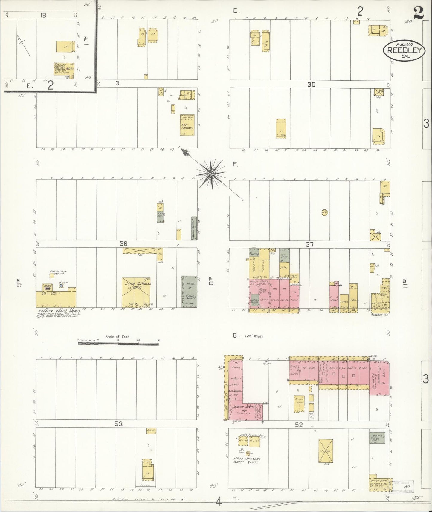 Sanborn Fire Insurance Map from Reedley, Fresno County, California (1907), Sheet #0002 - Complete Map Set gallery image, historic Sanborn map, vintage wall art, California California