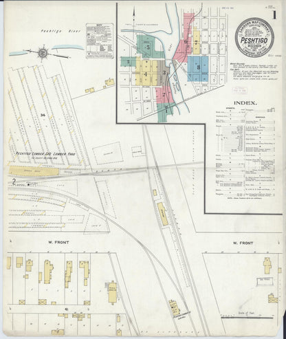 Sanborn Fire Insurance Map from Peshtigo, Marinette County, Wisconsin (1911), Sheet #0001 - Historic Sanborn Fire Insurance Map Print, vintage old map wall art, antique decor, genealogy gift, Wisconsin Wisconsin map