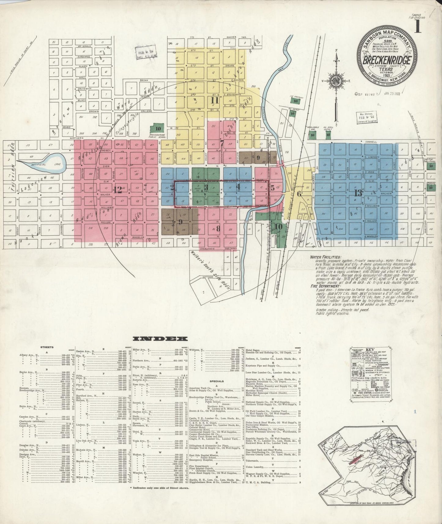 Sanborn Fire Insurance Map from Breckenridge, Stephens County, Texas (1921), Sheet #0001 - Historic Sanborn Fire Insurance Map Print, vintage old map wall art, antique decor, genealogy gift, Texas Texas map