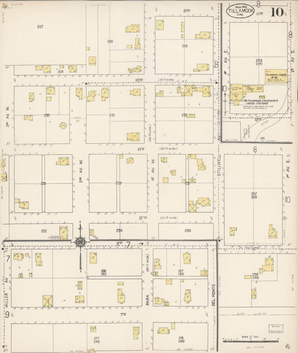 Sanborn Fire Insurance Map from Tillamook, Tillamook County, Oregon (1912), Sheet #0010 - Historic Sanborn Fire Insurance Map Print, vintage old map wall art, antique decor, genealogy gift, Oregon Oregon map