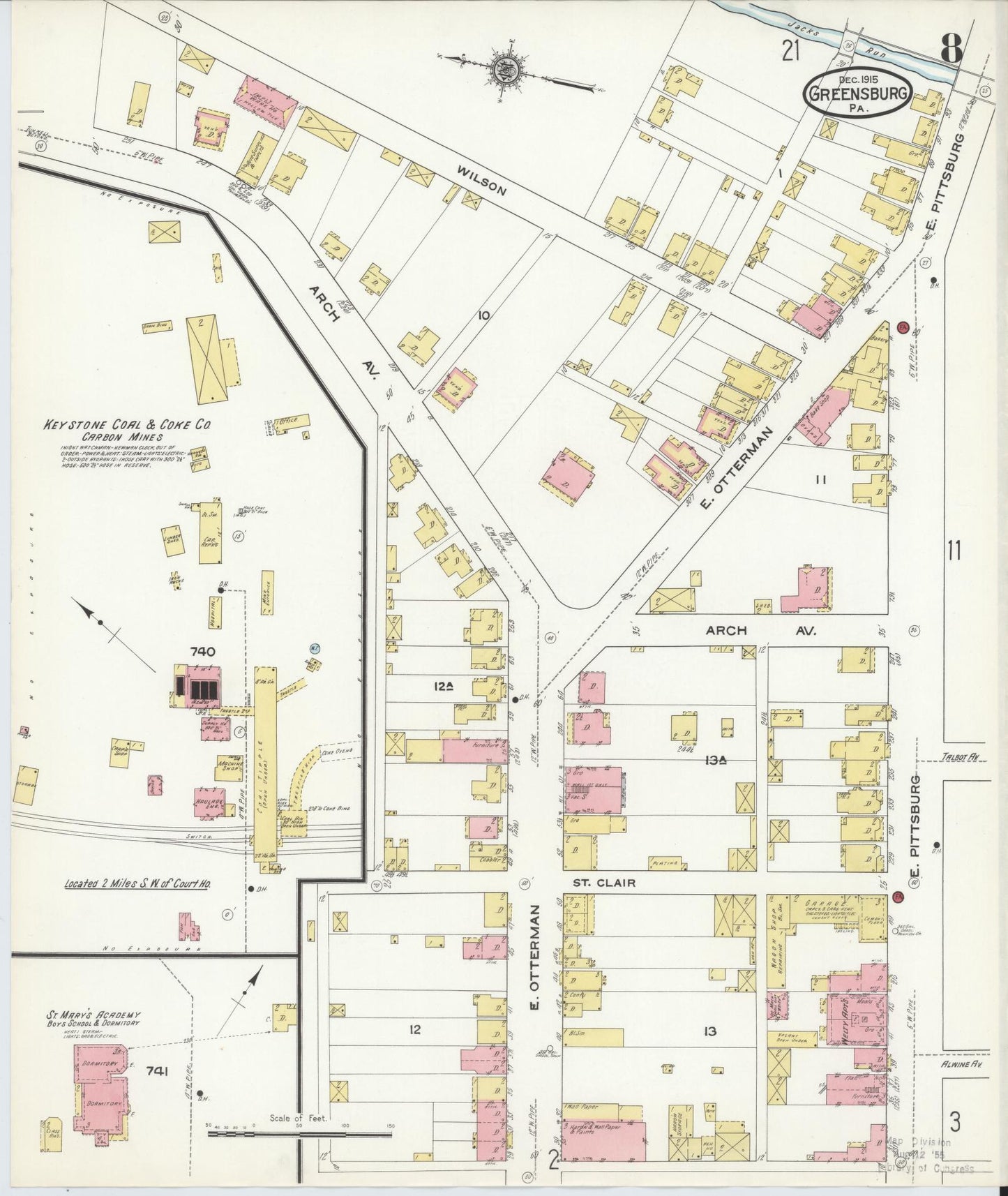 Sanborn Fire Insurance Map from Greensburg, Westmoreland County, Pennsylvania (1915), Sheet #0008 - Historic Sanborn Fire Insurance Map Print, vintage old map wall art, antique decor, genealogy gift, Pennsylvania Pennsylvania map